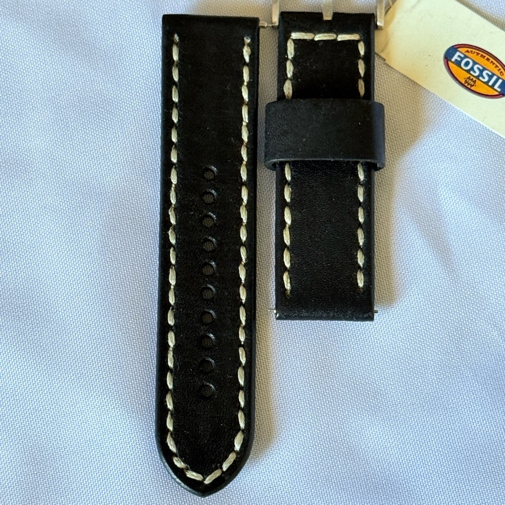 Fossil Black Leather Watch Strap with White Stitching 24mm